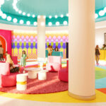 Concept art of the colorful family lobby at Universal Kids Resort Hotel in Frisco, Texas