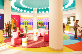 Concept art of the colorful family lobby at Universal Kids Resort Hotel in Frisco, Texas