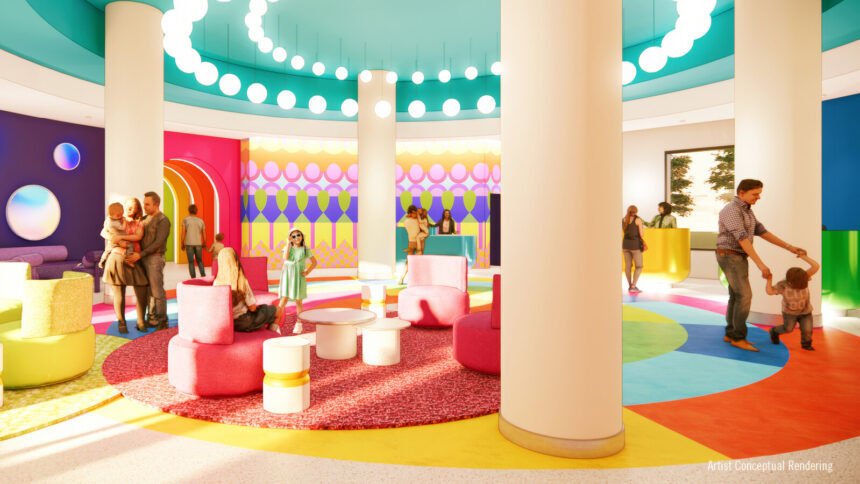 Concept art of the colorful family lobby at Universal Kids Resort Hotel in Frisco, Texas