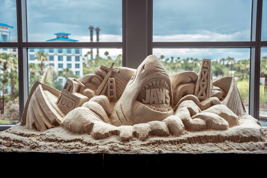 Jaws sand sculpture in a Universal Orlando hotel lobby