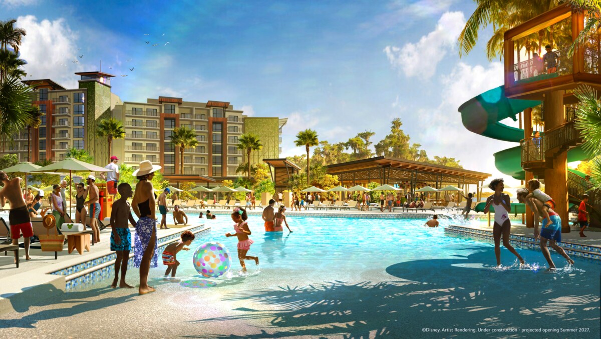 Lakeside Lagoon zero-entry feature pool with spiral waterslide at Disney Lakeshore Lodge