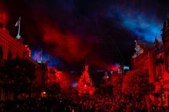 Disneyland Paris Bastille Day drone show above Sleeping Beauty Castle