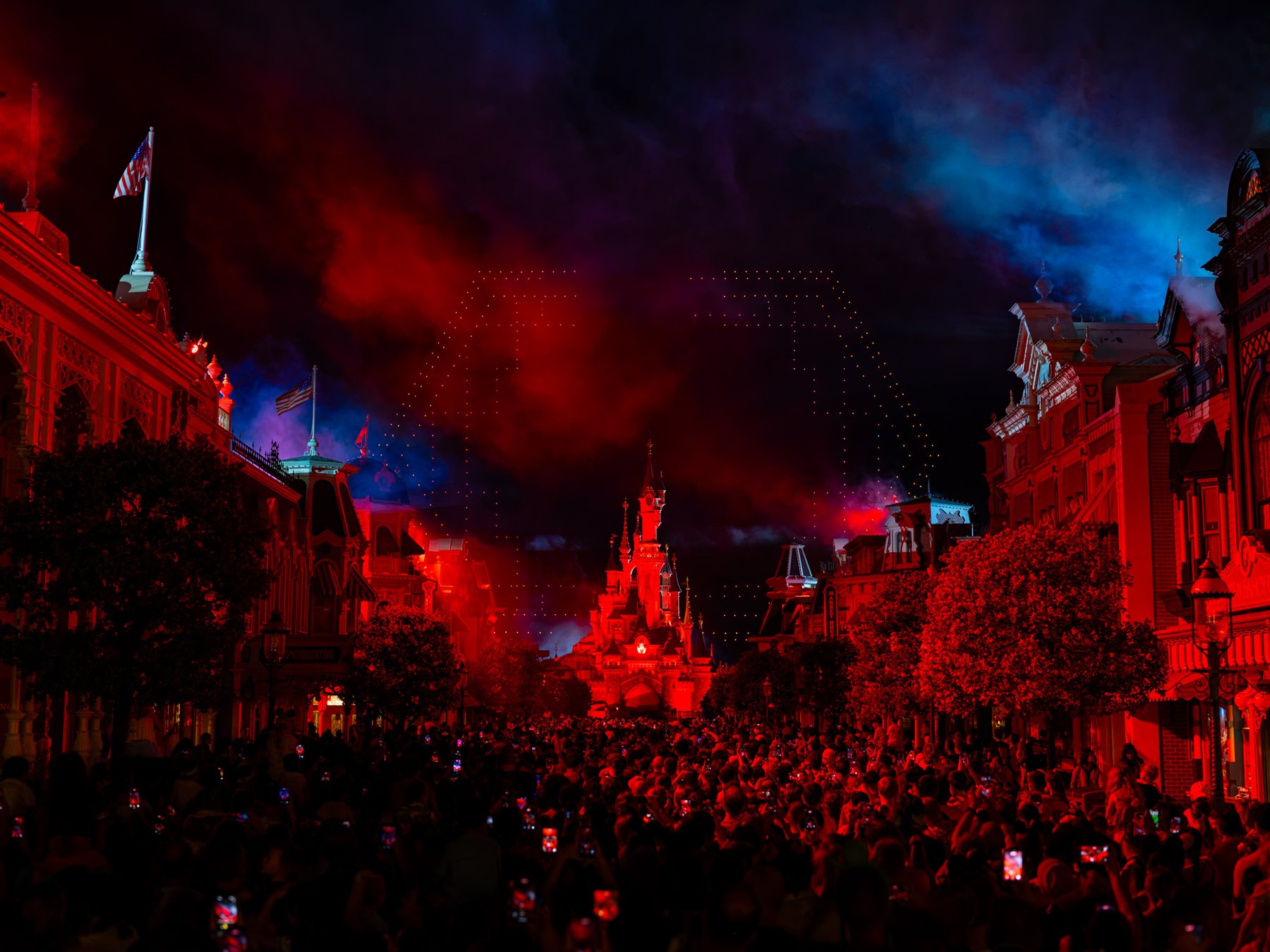 Disneyland Paris Bastille Day drone show above Sleeping Beauty Castle