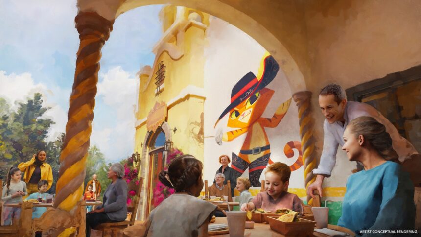 Families eating together at Puss in Boots Del Mar at Universal Kids Resort