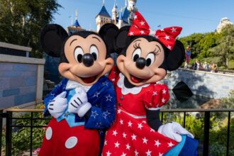 Mickey Mouse and Minnie Mouse in patriotic outfits for Disney America 250 celebrations