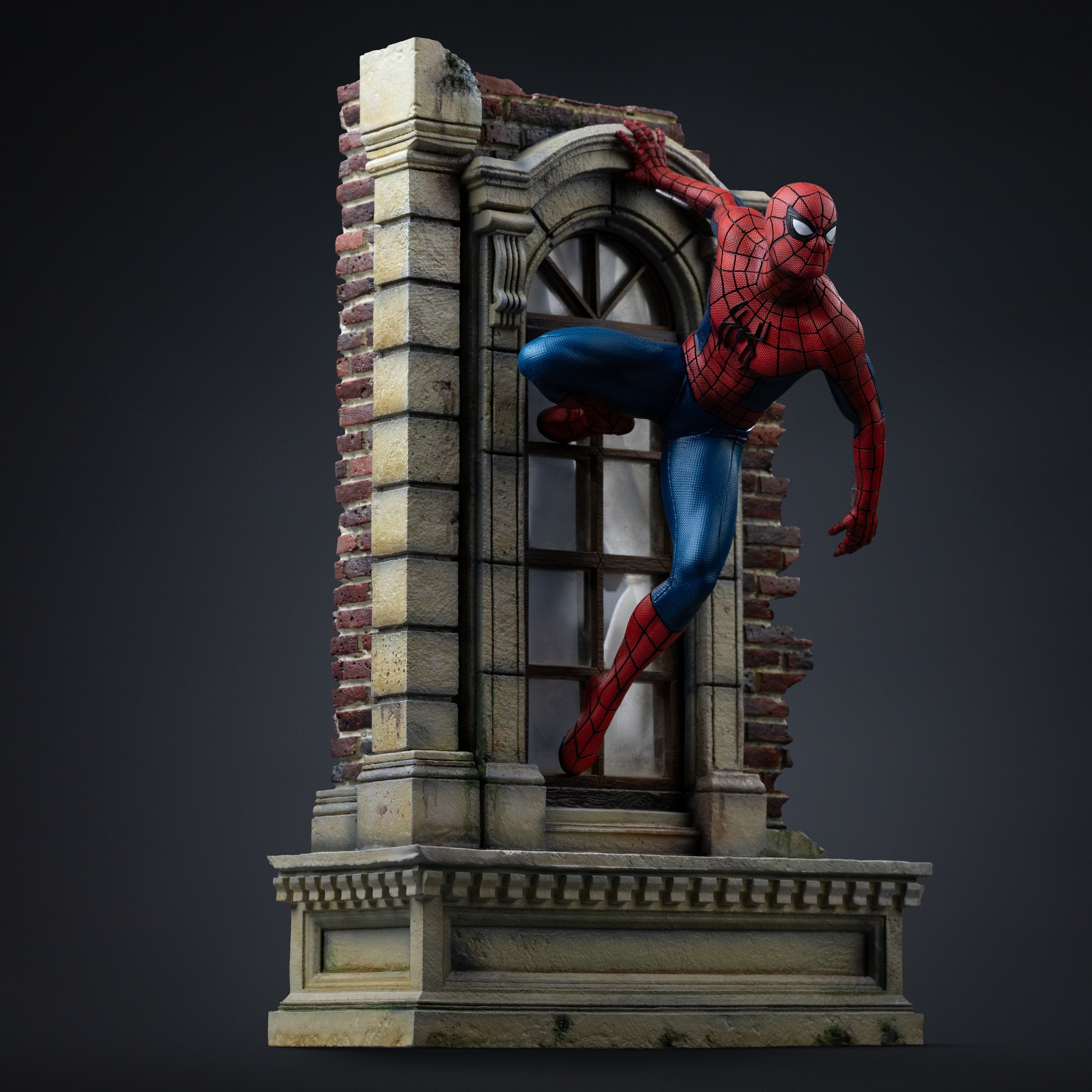 Iron Studios Art Scale Spider-Man statue posed climbing a stone building facade