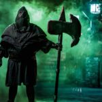 Knott's Scary Farm executioner monster in green fog