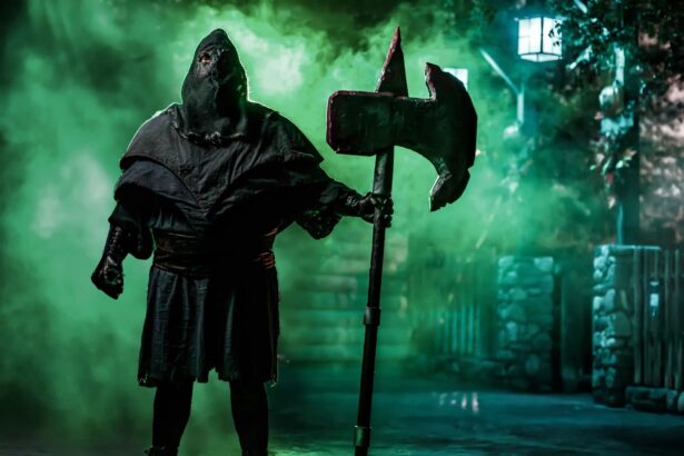 Knott's Scary Farm executioner monster in green fog