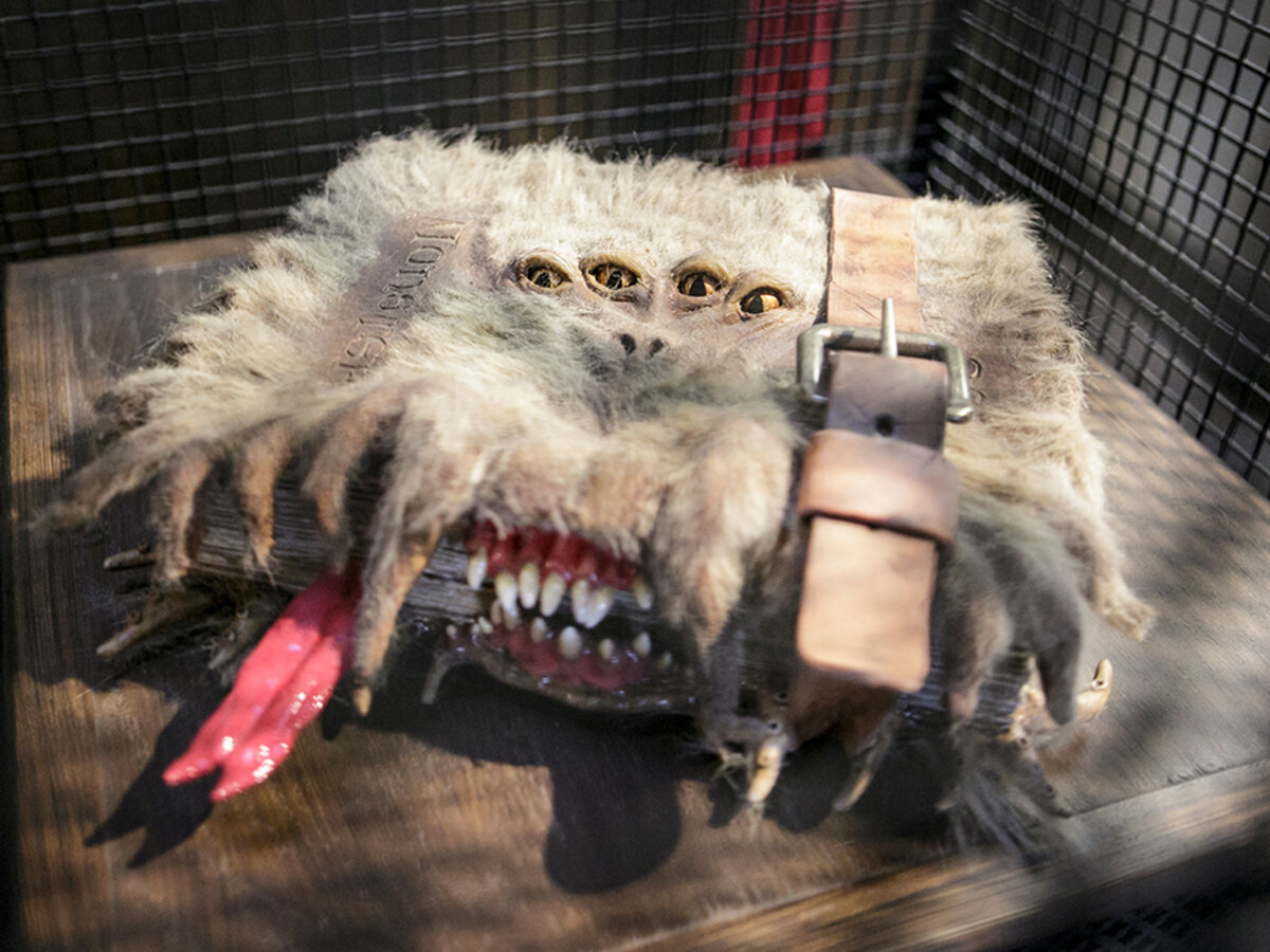 Hagrid's Monster Book of Monsters in a cage in The Wizarding World of Harry Potter