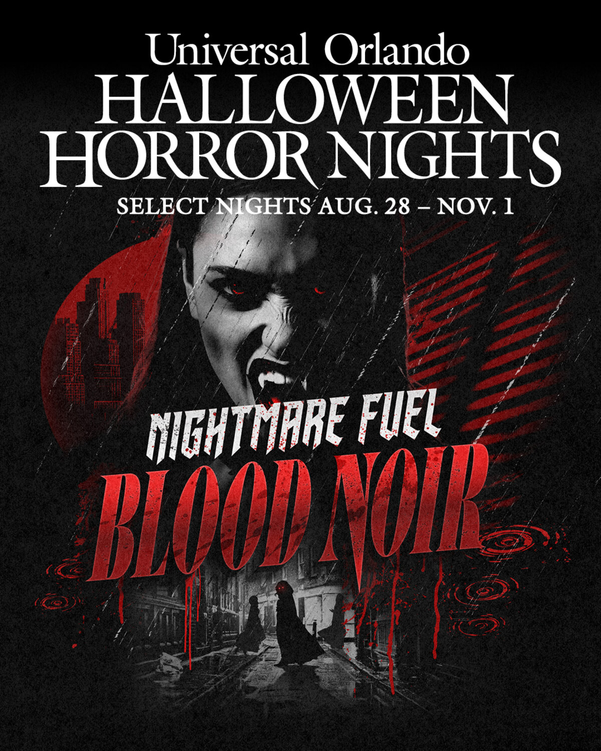 Official Halloween Horror Nights artwork for Nightmare Fuel: Blood Noir at Universal Orlando Resort.