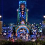 Universal Epic Universe entrance at night for Universal Nights after-hours event