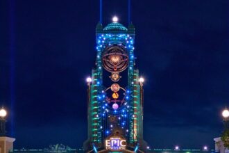Universal Epic Universe entrance at night for Universal Nights after-hours event