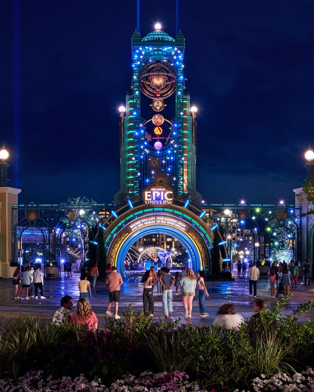Universal Epic Universe entrance at night for Universal Nights after-hours event