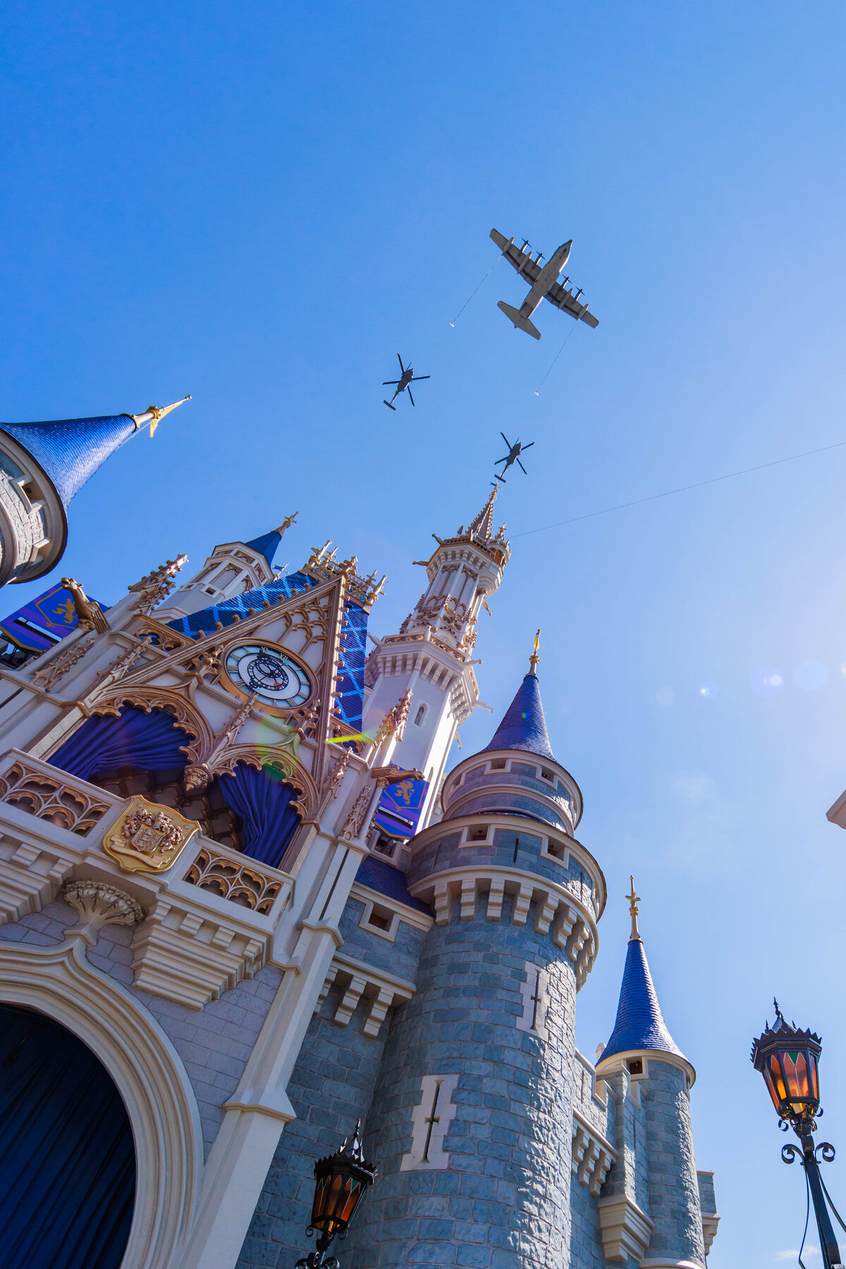 U.S. Air Force aircraft fly over Cinderella Castle at Magic Kingdom during Walt Disney World's July 4 2026 flyover