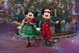 Artist concept of Mickey Mouse and Minnie Mouse in 2026 Disneyland holidays attire