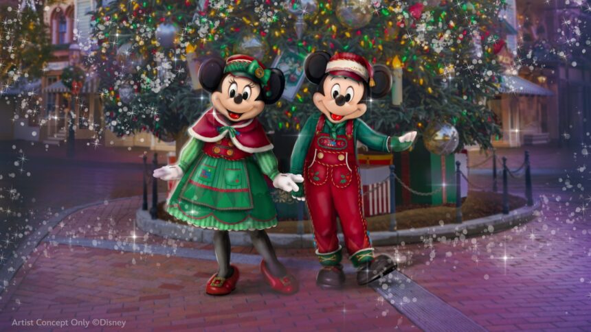 Artist concept of Mickey Mouse and Minnie Mouse in 2026 Disneyland holidays attire