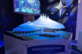 Tokyo Disneyland's new Space Mountain display in the Imagineering: Horizons pavilion at D23, with an exterior design model