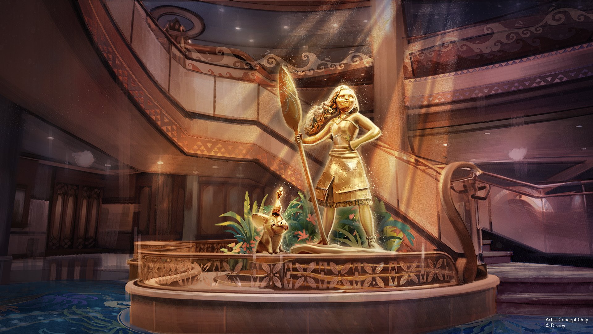 Moana with Pua and Hei Hei as the Grand Hall statue aboard the Disney Believe