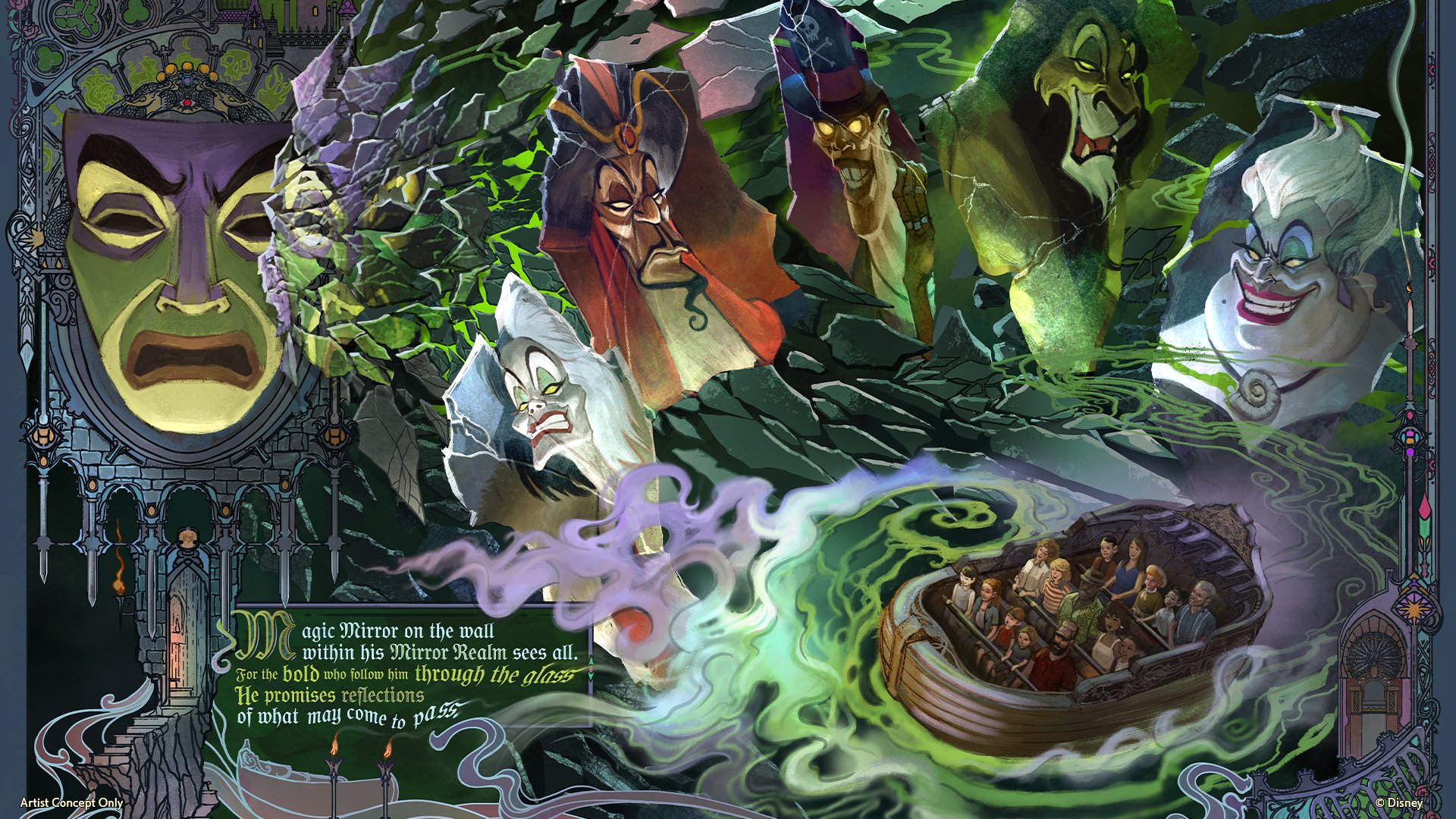 The Magic Mirror, host of the Mirror Realm dark ride in Villains Land