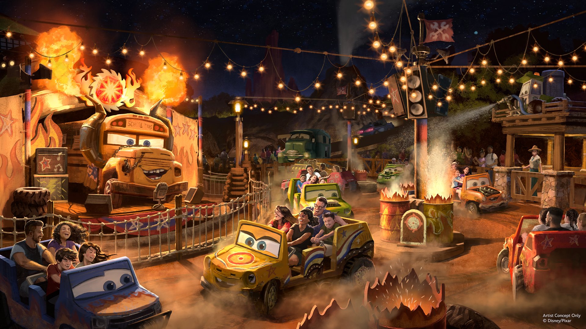 Miss Fritter's Daredevil Spin-Along concept art for Piston Peak at Magic Kingdom Park