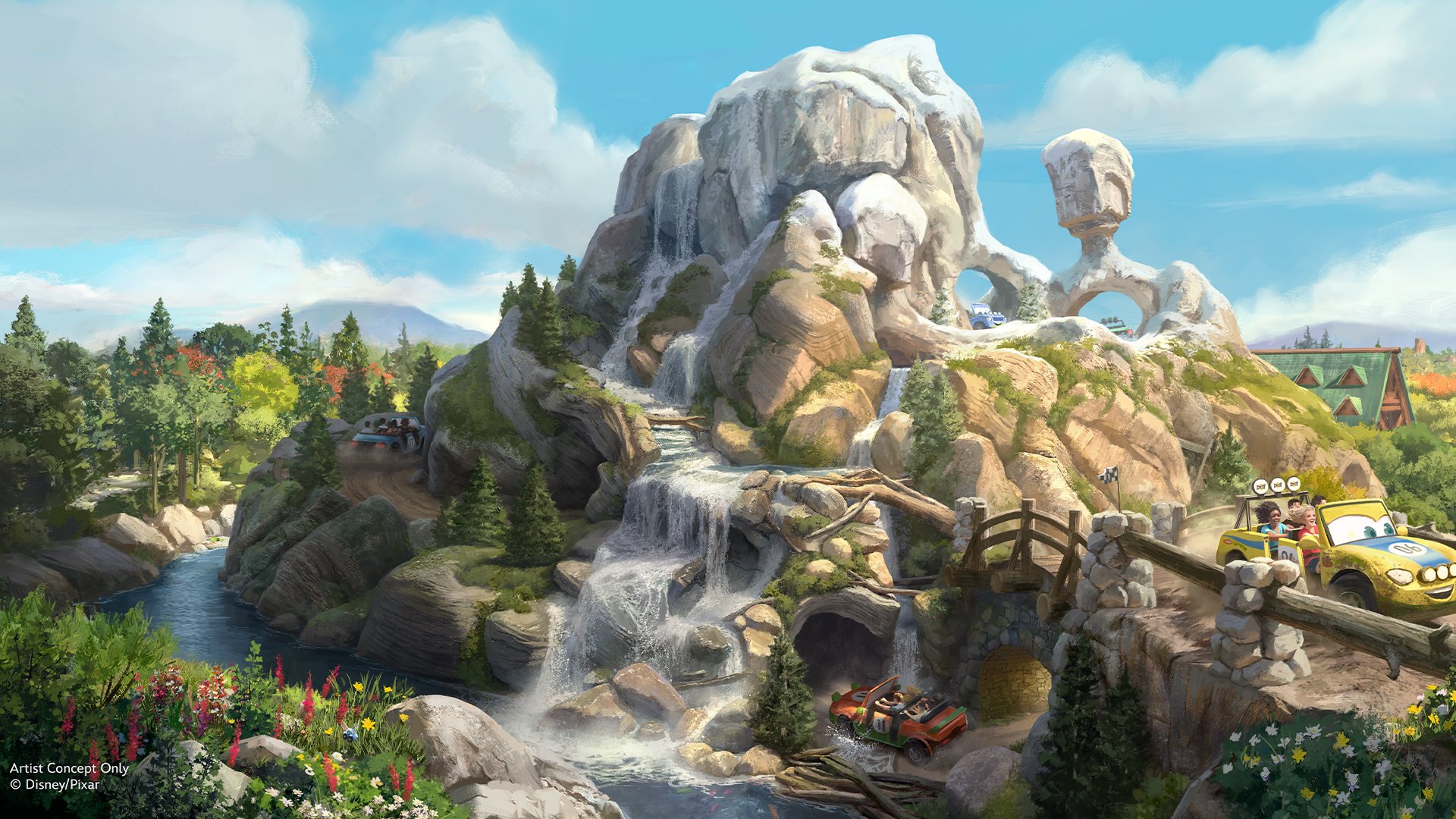 A waterfall in Piston Peak National Park at Magic Kingdom Park