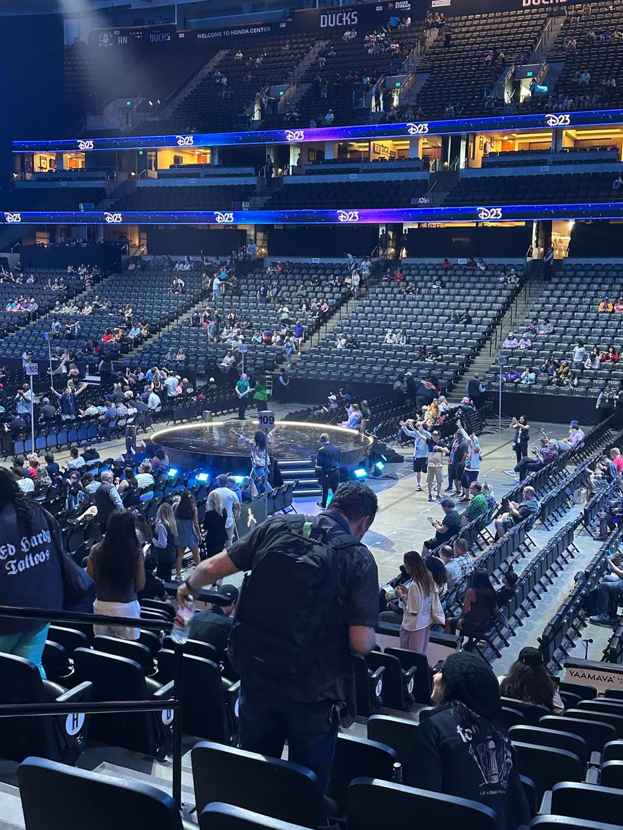 The crowd is on its feet inside Honda Center as the hype crew hands out free swag before the Disney Entertainm