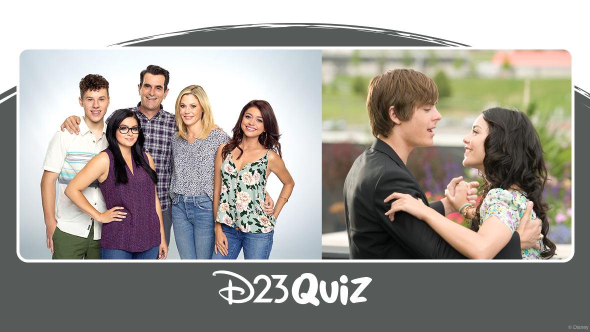 D23 quiz header featuring the Modern Family cast and High School Musical 3 characters Troy and Gabriella