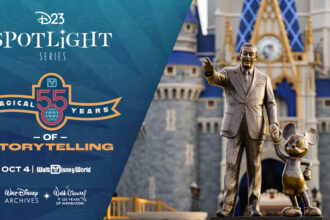 D23 Spotlight Series key art with the Partners statue at Cinderella Castle