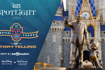 D23 Spotlight Series key art with the Partners statue at Cinderella Castle