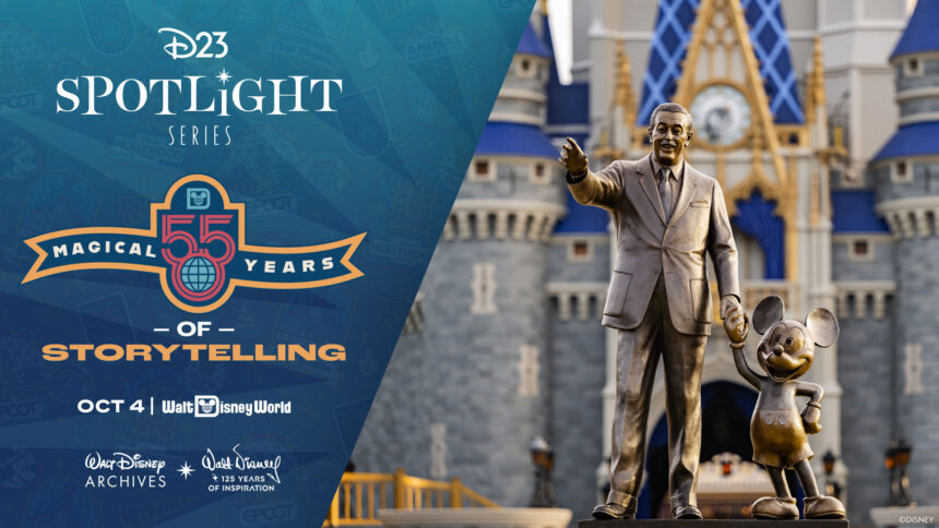 D23 Spotlight Series key art with the Partners statue at Cinderella Castle
