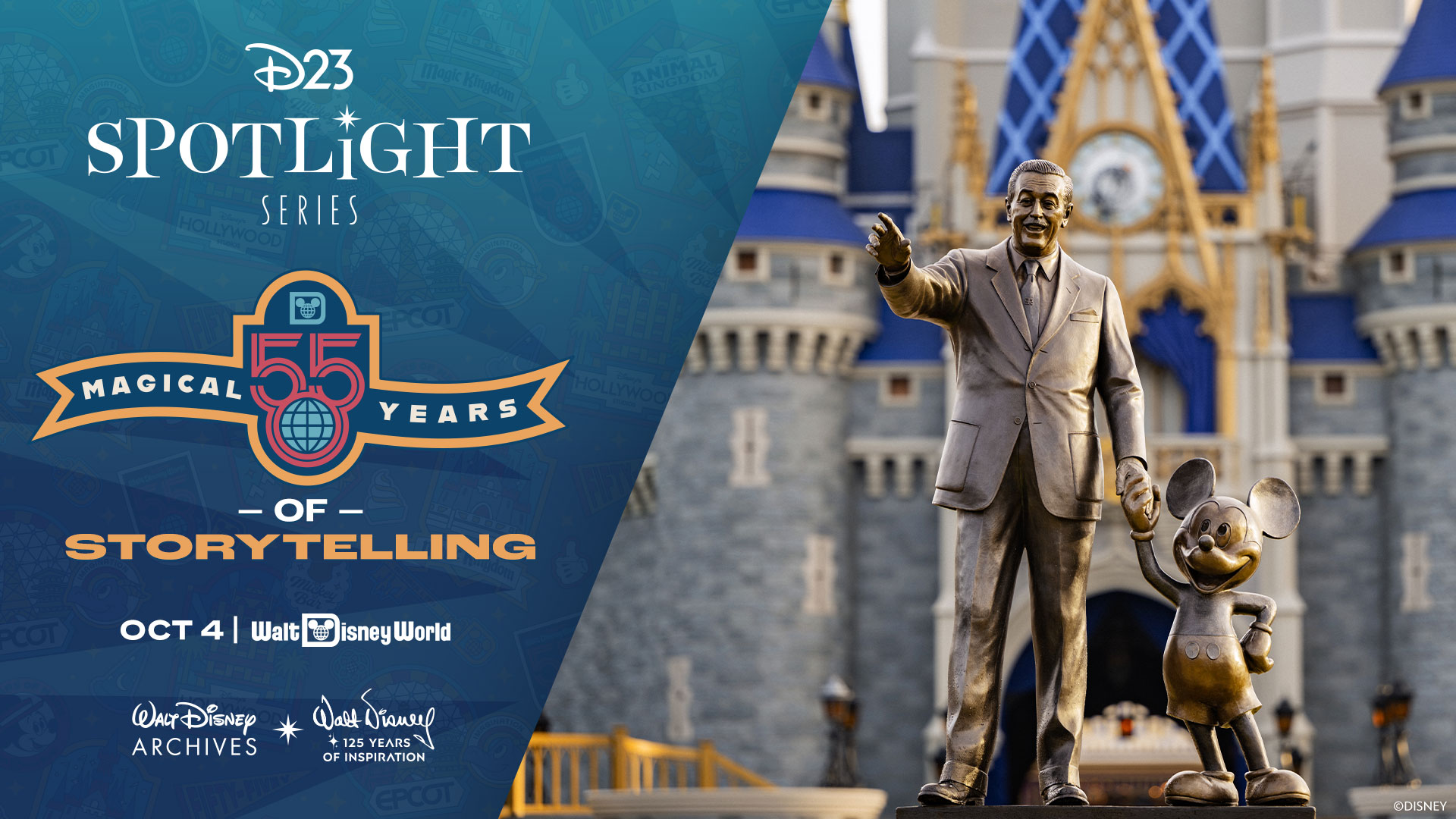 D23 Spotlight Series key art with the Partners statue at Cinderella Castle