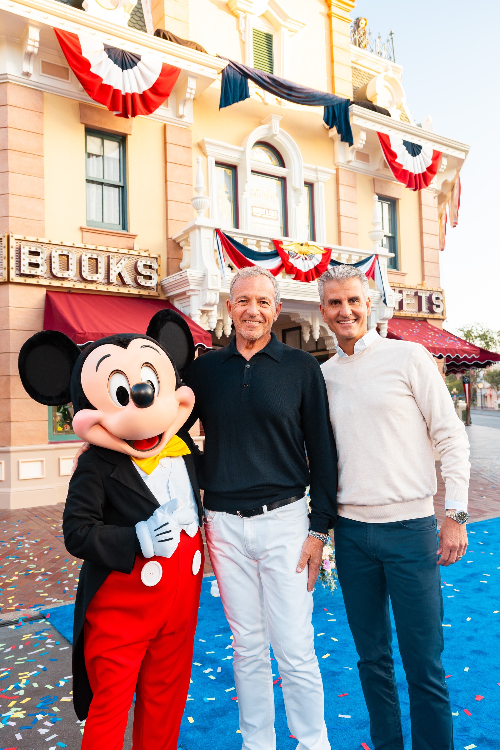 Bob Iger and Disney CEO Josh D’Amaro at the Main Street window dedication at Disneyland Park