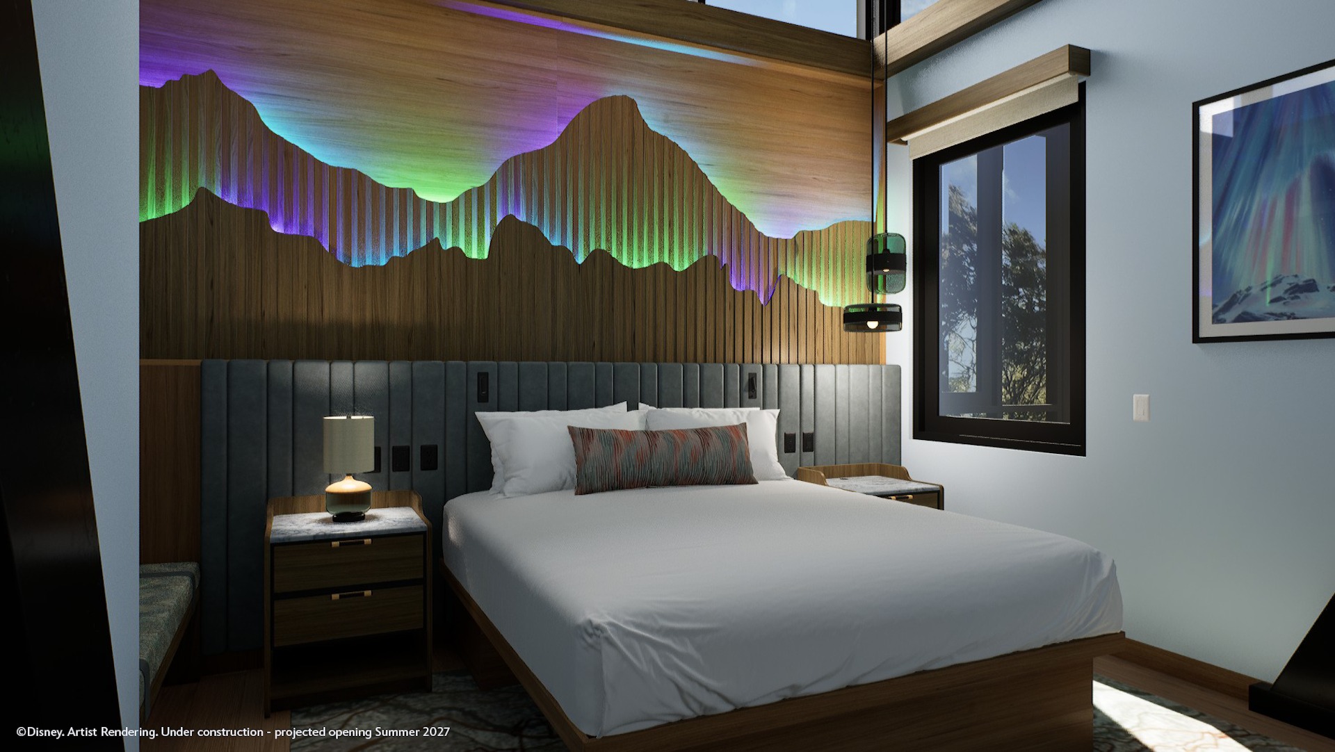 Northern Lights-inspired lighting in a Lakeshore Lodge Lake House bedroom