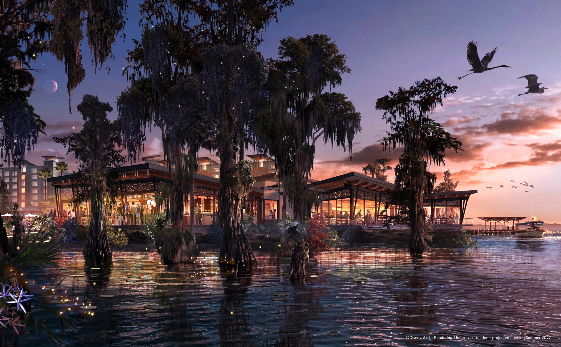 Concept art of the lakefront Moonglade restaurant at Disney Lakeshore Lodge