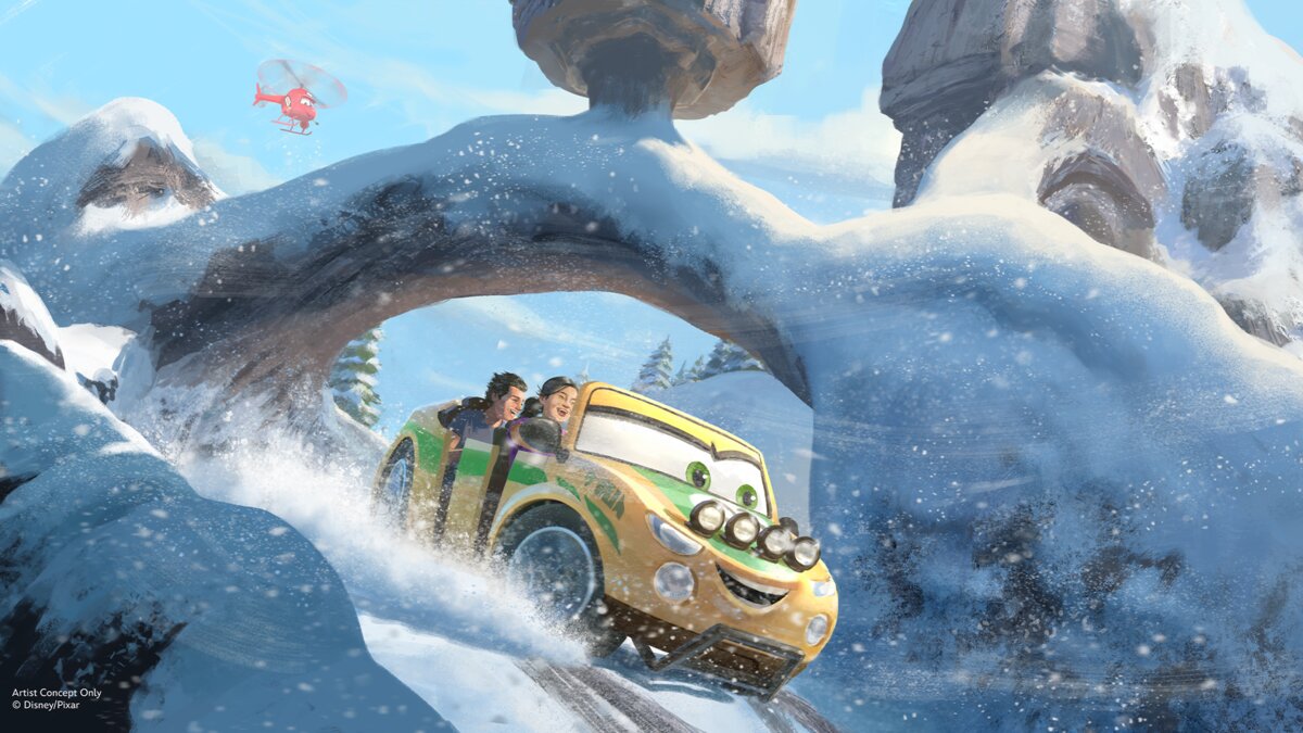 Concept art of the snow-covered summit on the Cars Ridge Run Rally attraction at Piston Peak National Park