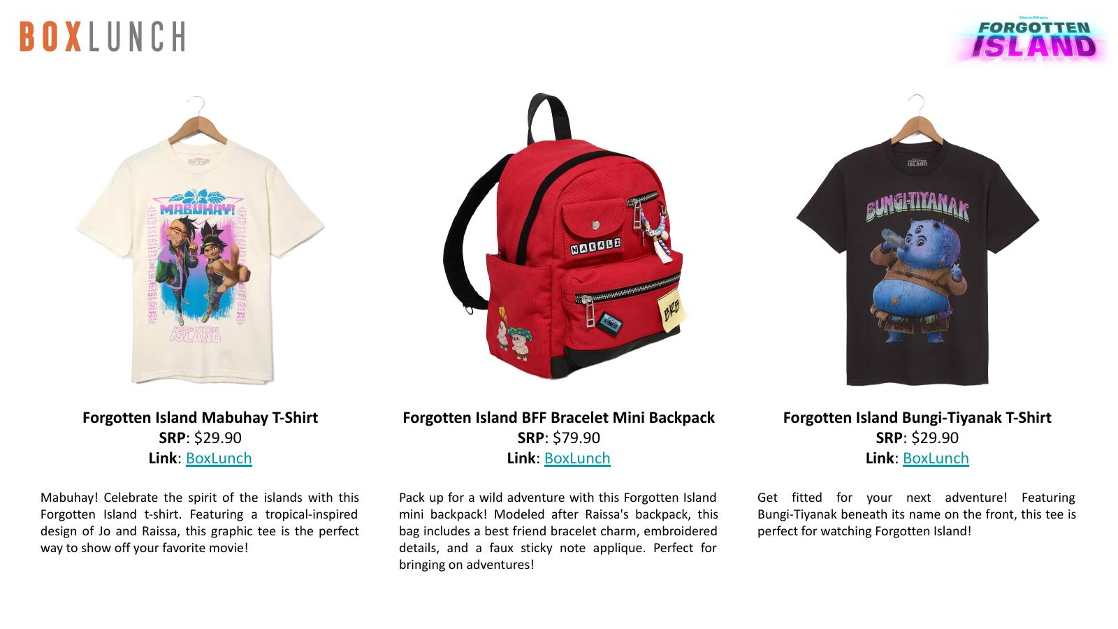 Forgotten Island BoxLunch collection with two T-shirts and a mini backpack