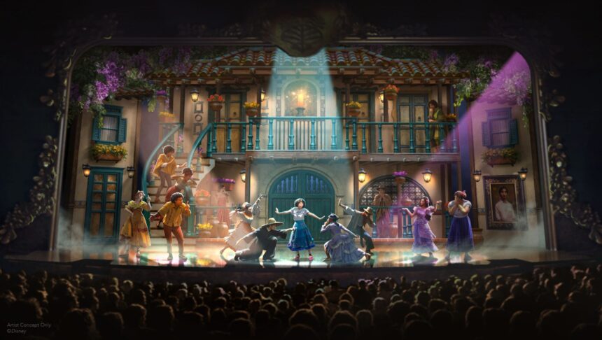 Concept art of Disney Encanto on stage in the Walt Disney Theatre on the Disney Believe