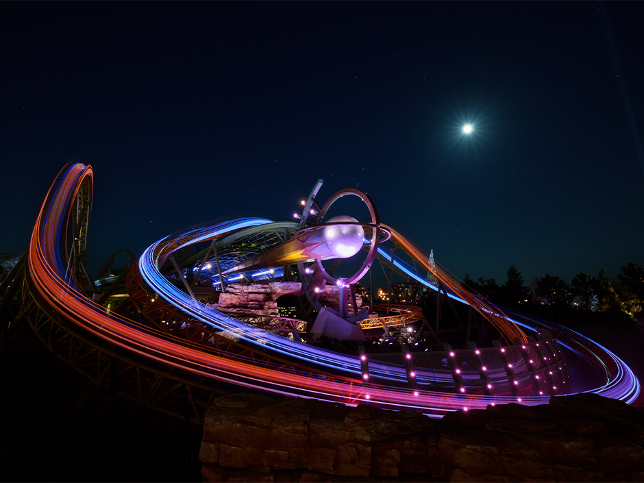 Stardust Racers at night in Celestial Park at Universal Epic Universe