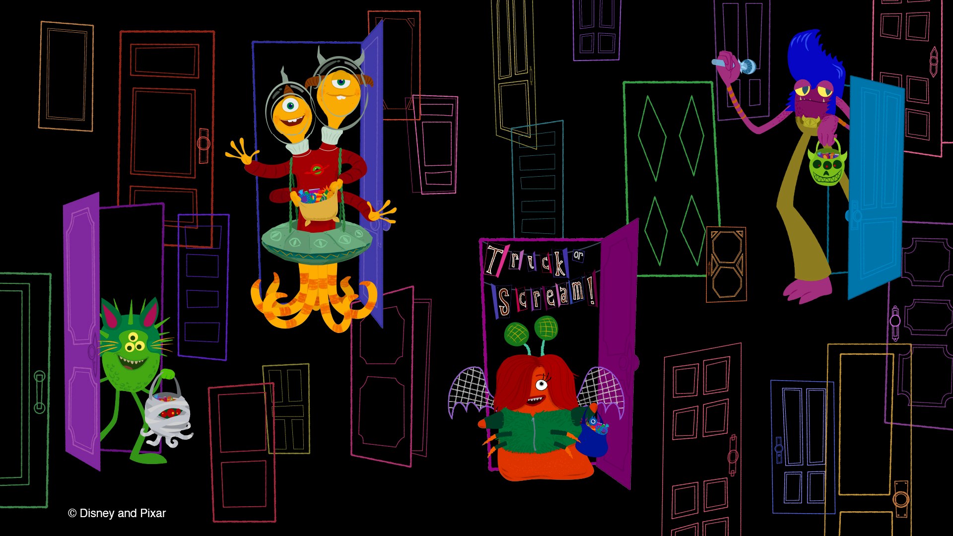 Official source photo for Pixar Place Hotel Debuts Monsters, Inc. Halloween Wallpapers